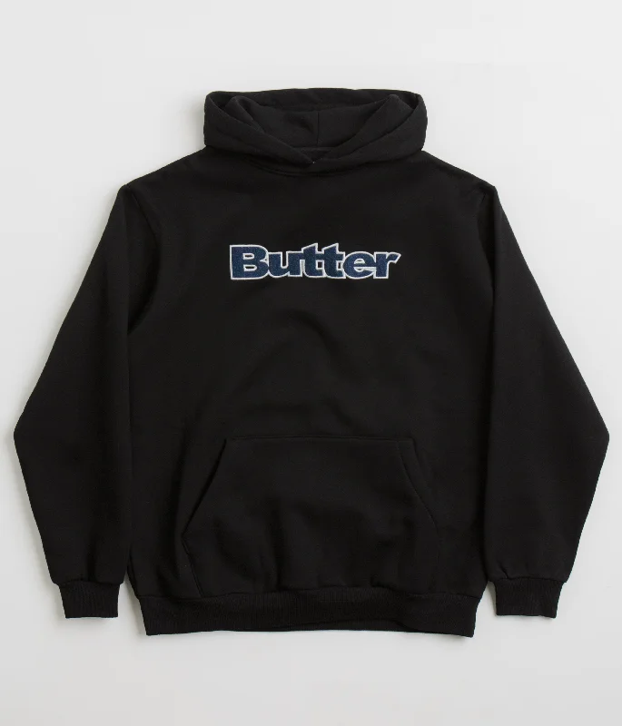 Butter Goods Logo Denim Applique Hoodie - Black Hoodie with Hem Applique Textured Unique