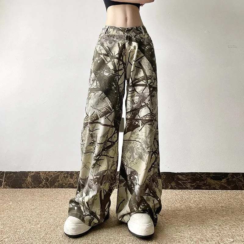 Button pocket zip-up camouflage ruched pant Relaxed High-Waist Trousers