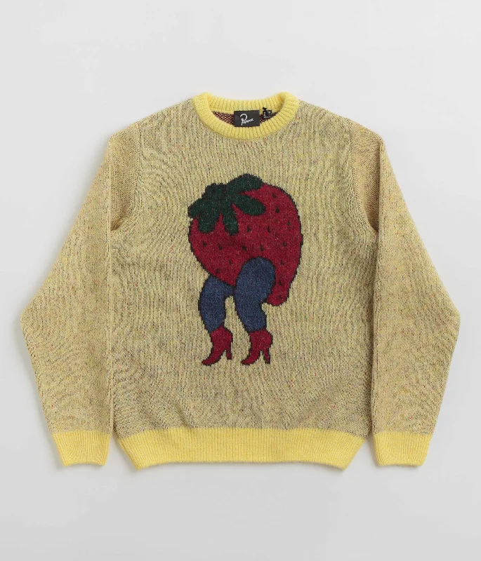 by Parra Stupid Strawberry Knitted Sweatshirt - Yellow Hoodie with Button Classic Timeless