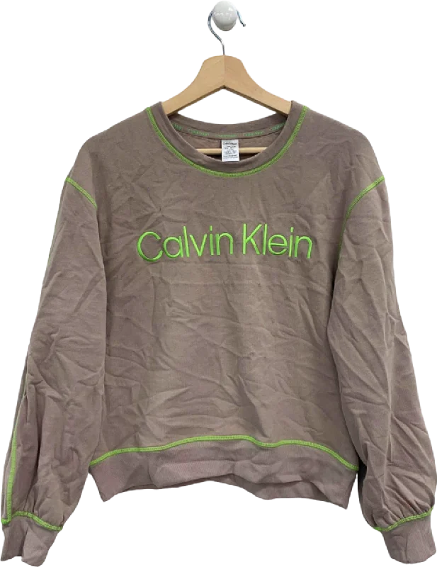 Calvin Klein Taupe/Neon Green Crew Neck Sweatshirt UK XS Hoodie with Applique Textured Unique