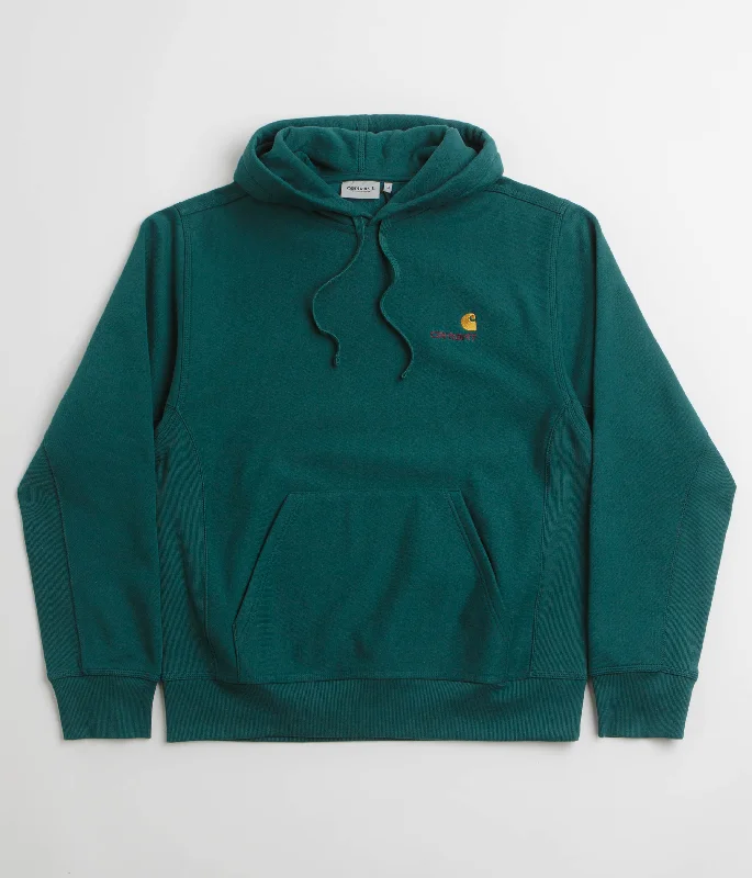 Carhartt American Script Hoodie - Malachite Hoodie with Hem Raw Edge Edgy Unfinished