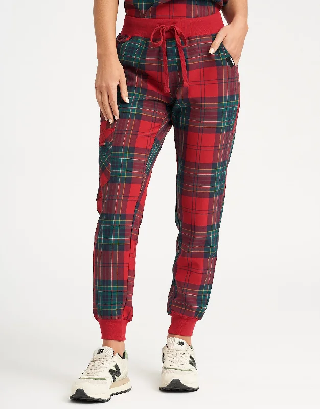 Essential Jogger Scrub Pants - Christmas Red Tartan Trendy Velvet Pants