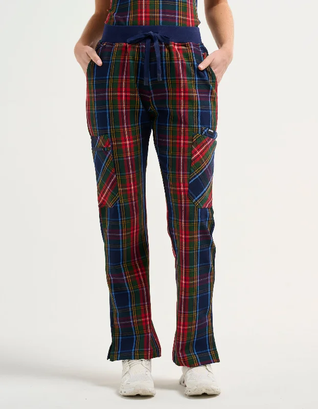 Essential Multi-Pocket Scrub Pants - Christmas Blue Tartan Classic Straight-Leg Pants