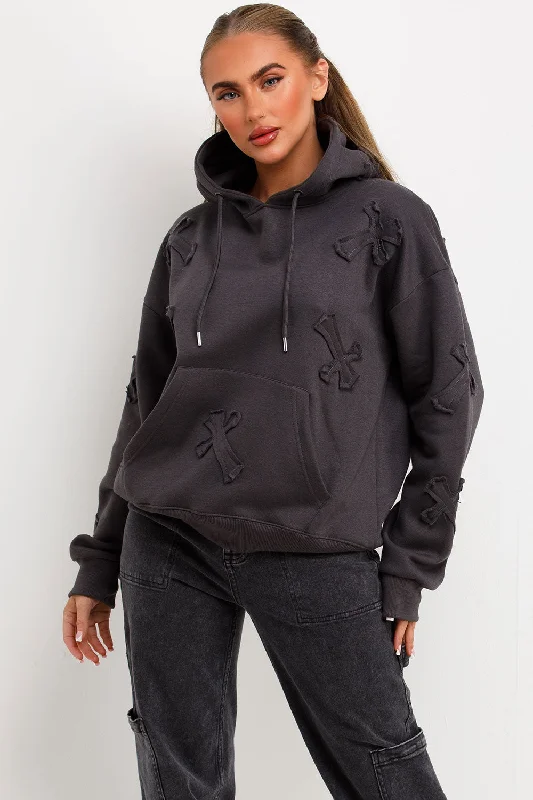 Hoodie With Cross Applique Embroidery Charcoal Hoodie with Rolled Sleeves Casual Relaxed