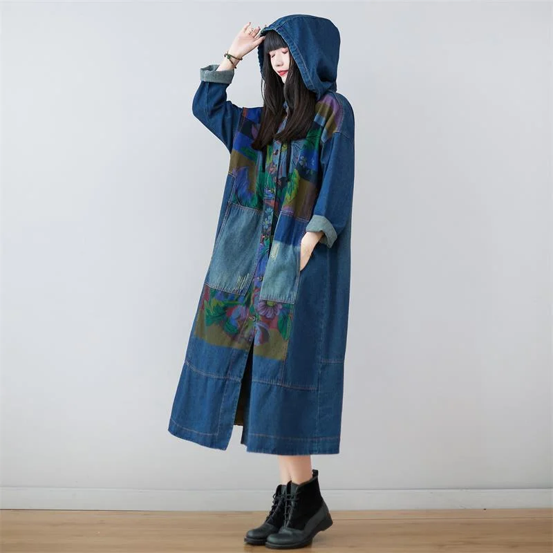 Mai Denim Hooded Long Coat Hoodie with Neon Bright Vibrant