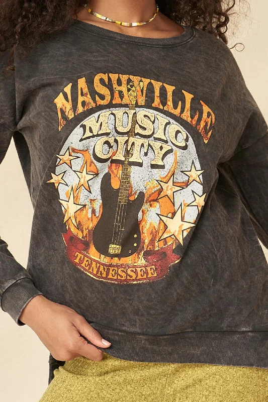 Nashville Music Vintage-Washed Graphic Sweatshirt Hoodie with Monochrome Minimalist Simple