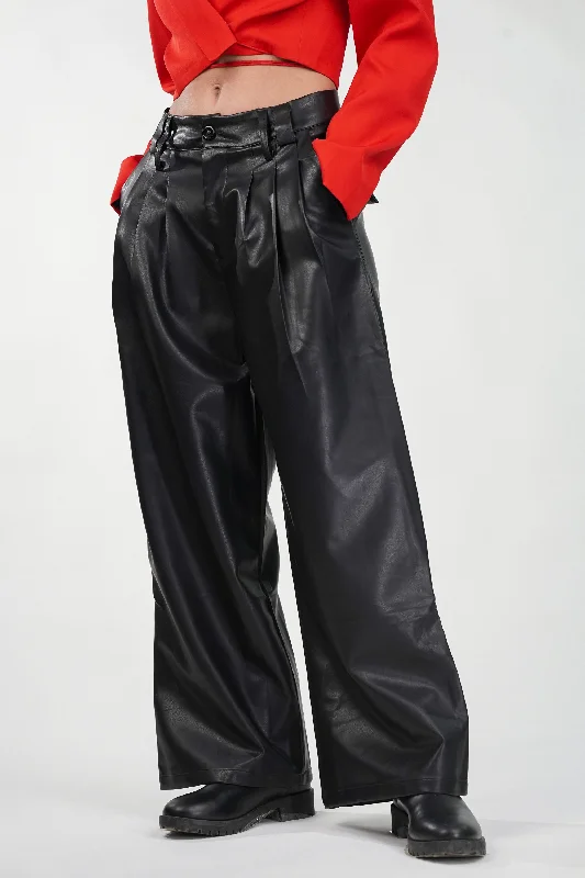 Obsidian Leather High-Waist Pants Formal Linen Trousers