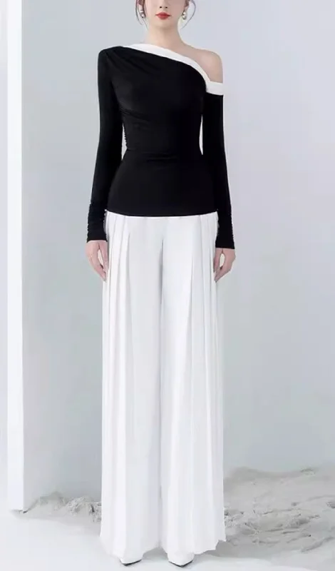 OFF-SHOULDER KNITTED TOP + WIDE-LEG PANTS TWO-PIECE SUIT Relaxed High-Waist Trousers