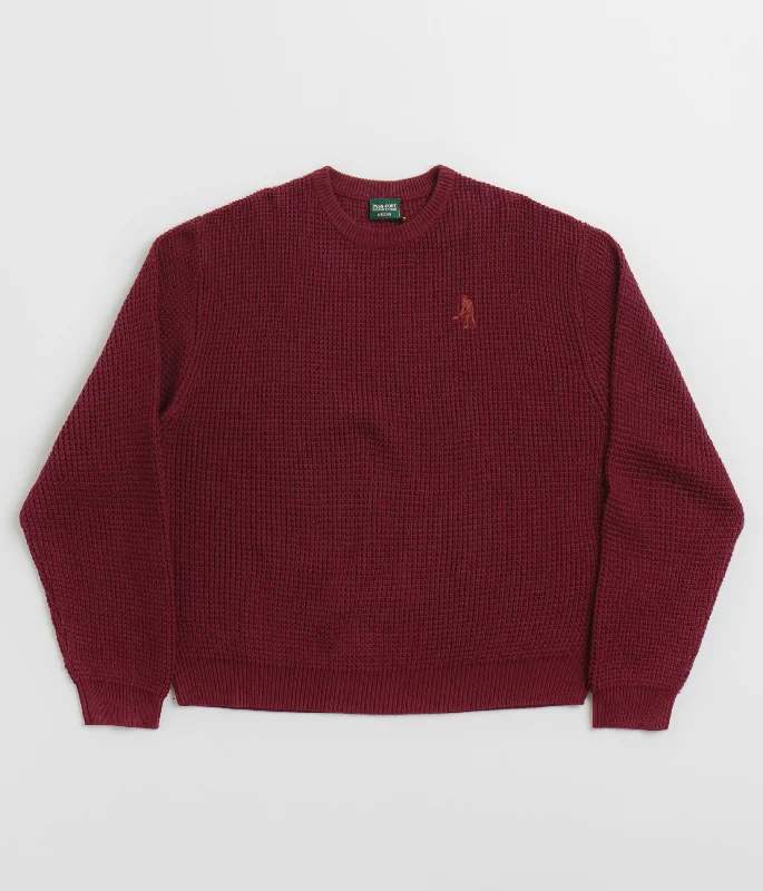 Pass Port Organic Cotton Waffle Knit Sweatshirt - Maroon Hoodie with Applique Textured Unique