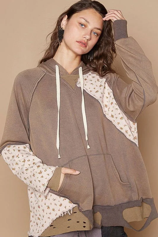 POL Floral Patchwork Distressed Drawstring Hoodie - Mocha Hoodie with Patch Decorative Personalized