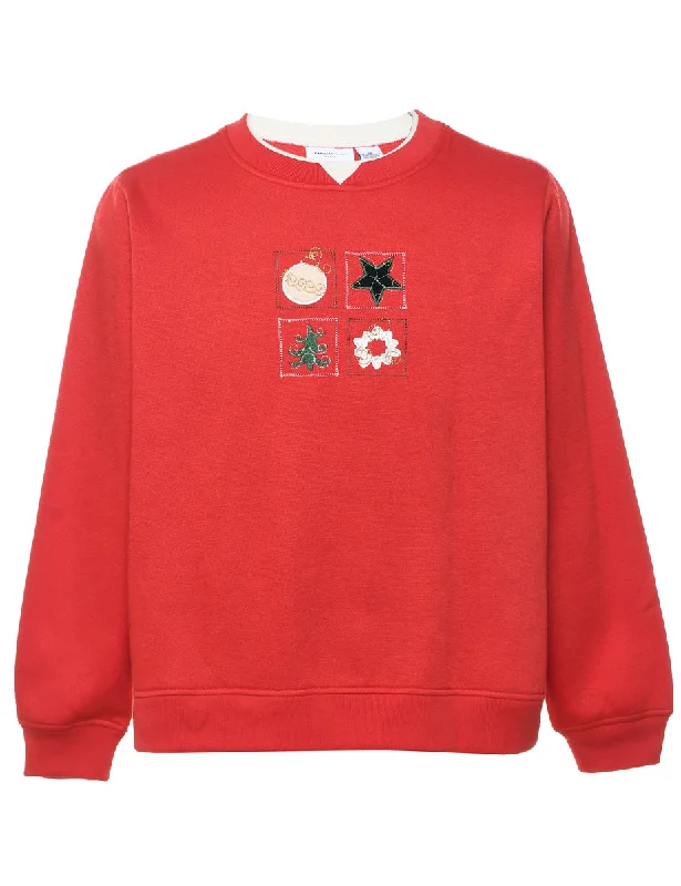 Red Christmas Sweatshirt - XL Hoodie with Sequins Glamorous Eye-catching