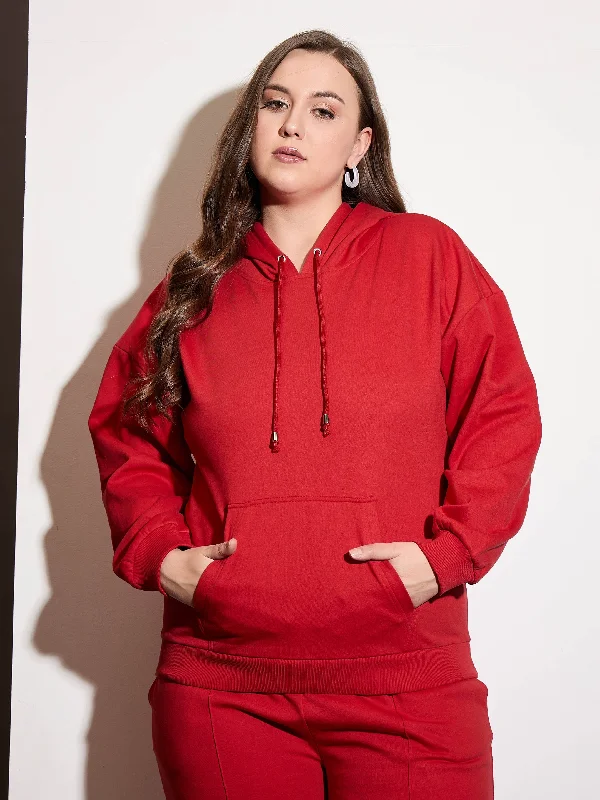 Women Red Fleece Hoodie Hoodie with Back Slit Movement Comfort