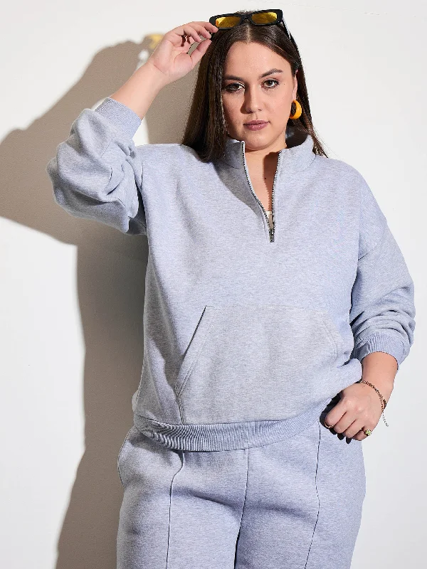 Women Grey Melange Half Zipper Sweatshirt Hoodie with Cuffed Sleeves Snug Secure