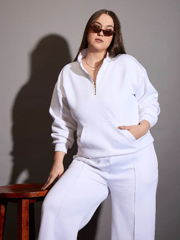 Women White Fleece Half Zipper Sweatshirt Hoodie with Crew Neck Simple Timeless