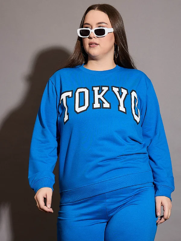 Women Royal Blue Terry TOKYO Printed Sweatshirt Hoodie with Lining Warm Insulated