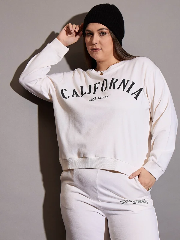 Women White CALIFORNIA Terry Sweatshirt Hoodie with Set-In Sleeves Structured Classic