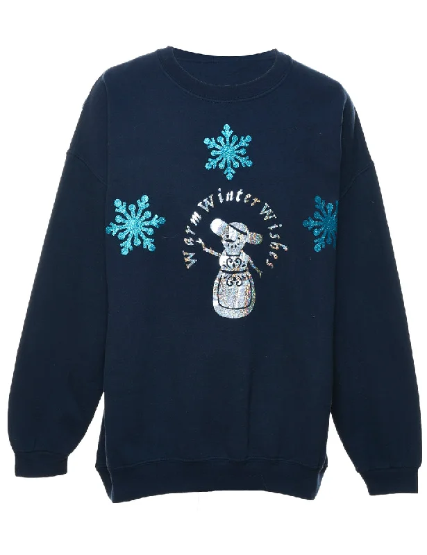 Snowman Design Navy Christmas Sweatshirt - XL Hoodie with Full-Zip Functional Layering