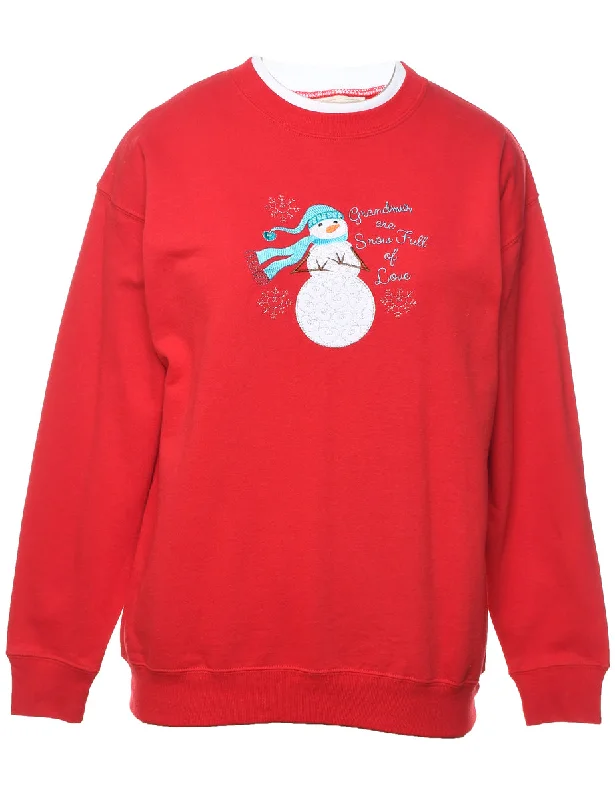 Snowman Design Red Christmas Sweatshirt - M Hoodie with High-Low Hem Asymmetrical Trendy