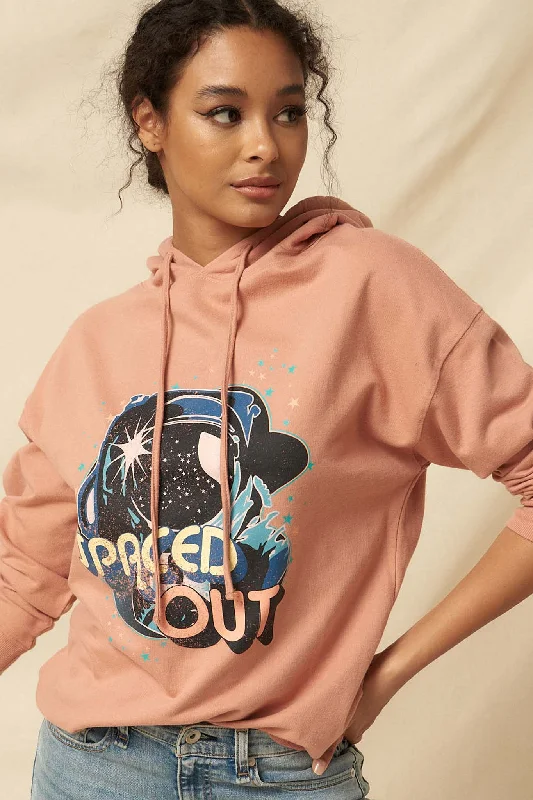 Spaced Out Garment-Dyed Vintage Graphic Hoodie Hoodie with Hem Patch Decorative Personalized