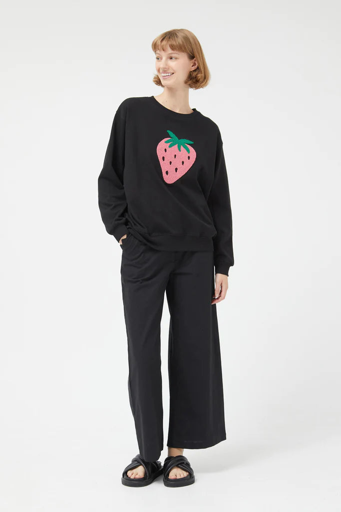 Strawberry Sweatshirt Black Hoodie with Side Slits Relaxed Casual