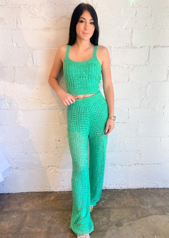 Summer Green Knit Wide Leg Pant Trendy Wide-Leg Pants