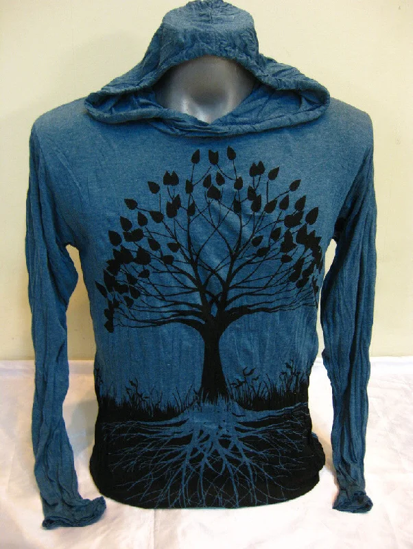 Sure Design Unisex Tree of Life Hoodie Denim Blue Hoodie with Color Block Contrast Stylish