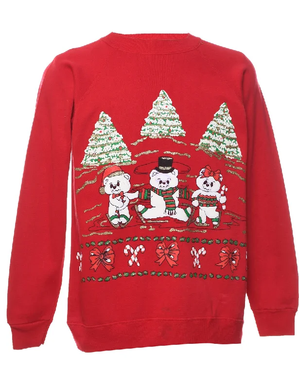 Teddy Bear Print Christmas Sweatshirt - L Hoodie with Hem Embroidery Detailed Premium