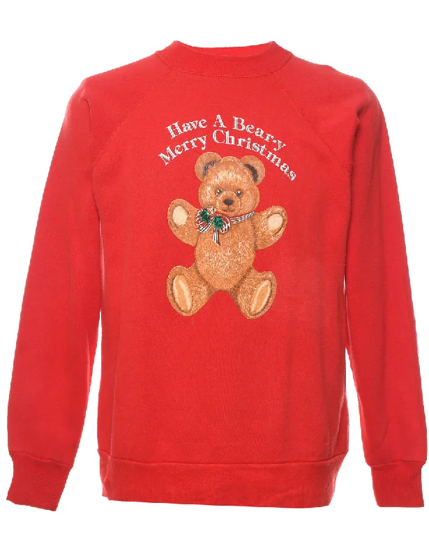 Teddy Bear Print Christmas Sweatshirt - L Hoodie with Ribbed Cuffs Snug Fit Comfort