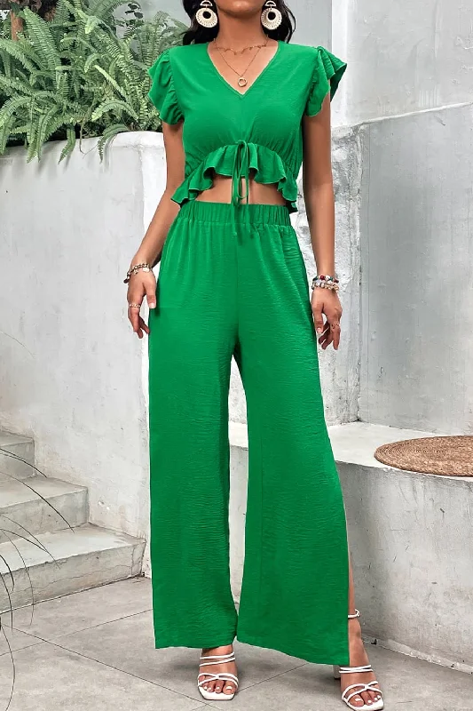 V-Neck Ruffle Hem Top and Slit Pants Set Warm Wool Trousers