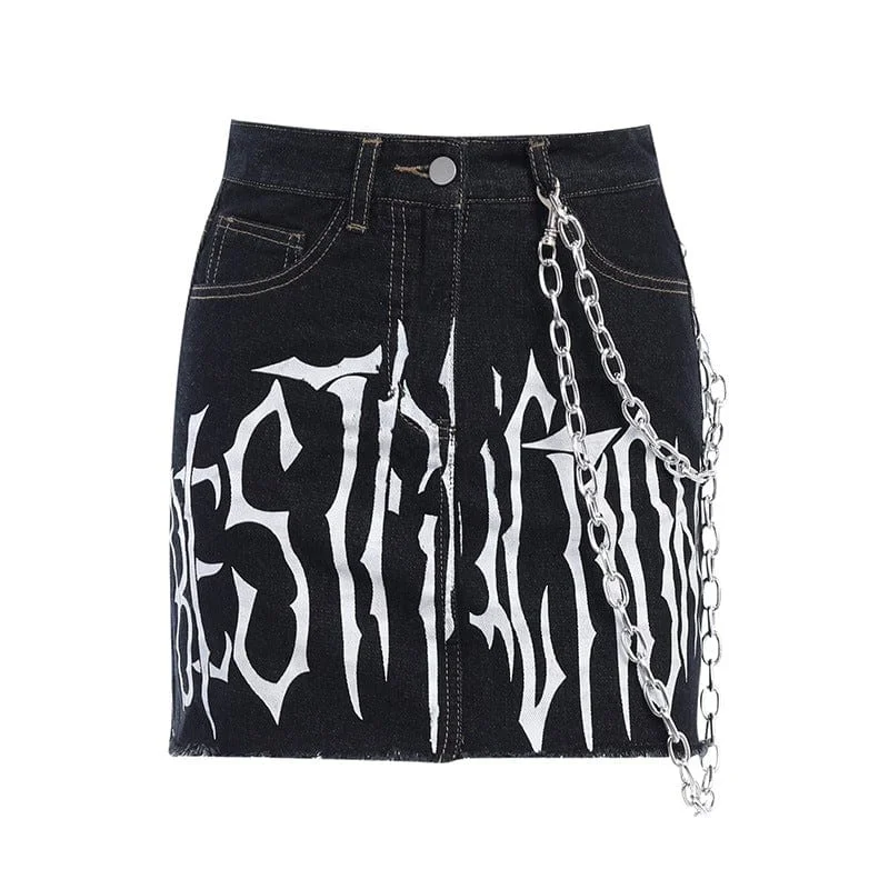 Women's Grunge Letter Printed Denim Pants with Chain Casual Wide Pants