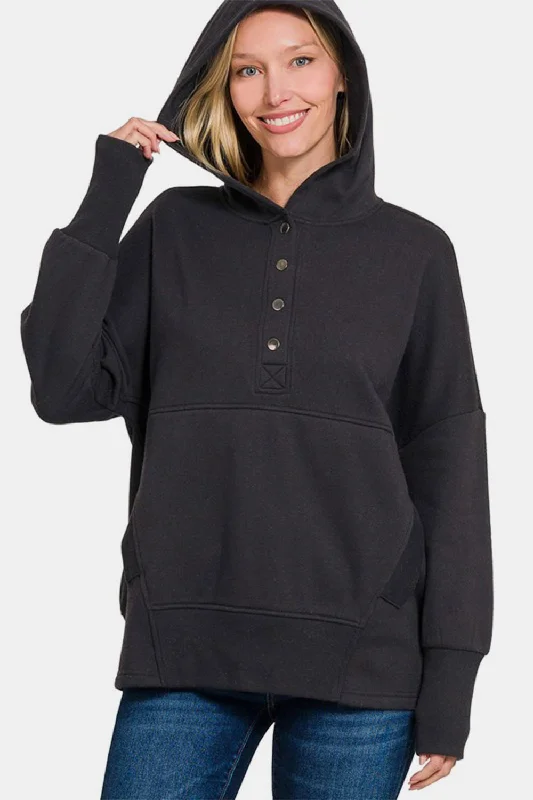 Zenana Half Snap Long Sleeve Hoodie with Kangaroo Pocket - Black Hoodie with Monochrome Minimalist Simple