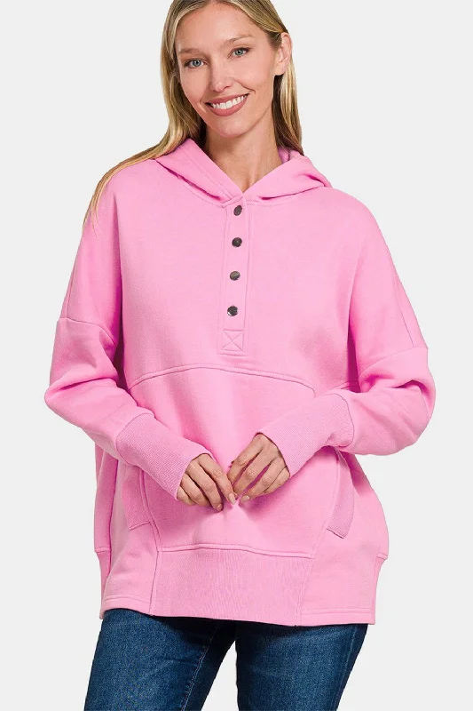 Zenana Half Snap Long Sleeve Hoodie with Kangaroo Pocket - Fuchsia Hoodie with Contrast Stitching Detailed Premium