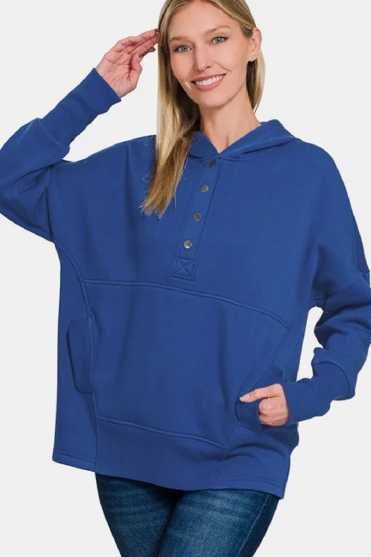 Zenana Half Snap Long Sleeve Hoodie with Kangaroo Pocket - Navy Hoodie Dress Longline Feminine