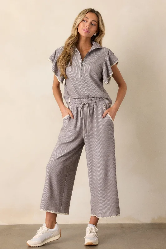 Anytime Now Grey Blanket Stitch Wide Leg Pants Casual Wide Pants