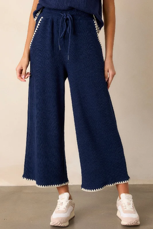 Anytime Now Navy Blanket Stitch Wide Leg Pants Cozy Fitted Pants