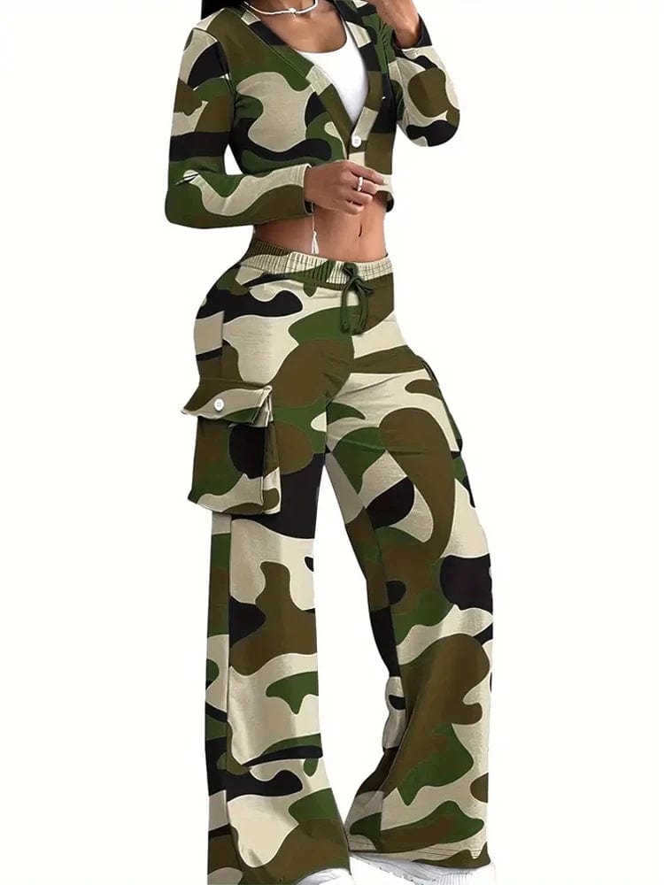 Camouflage Printed Casual Set Fashionable Sexy Short Top Casual Pants Two-piece Set Women's Sports Suit Outdoor Clothing Fashionable Button-Up Pants