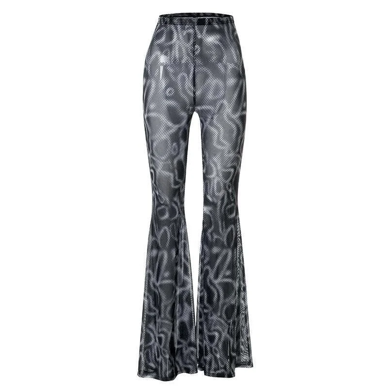 Mesh see through flared print pant Soft Stretch Pants