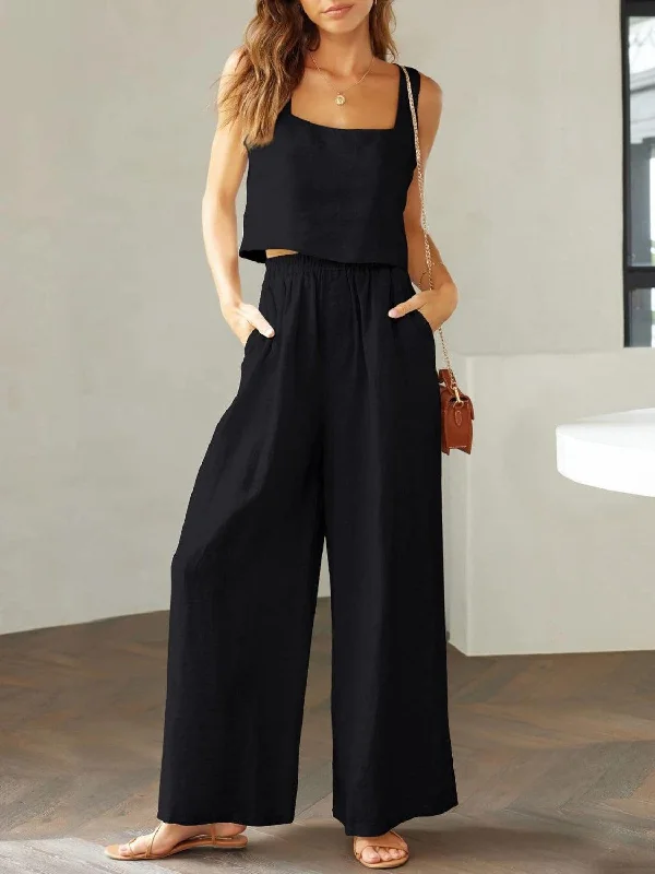 Square Neck Top and Wide Leg Pants Set in 8 Colors Sleek Black Pants