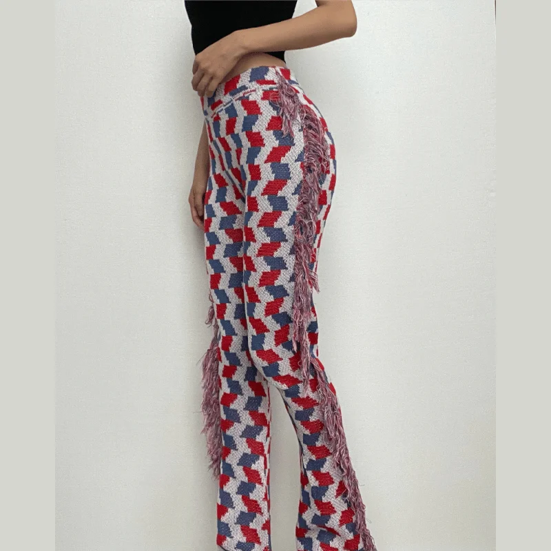 Tassels plaid contrast knitted pant Comfortable Fleece Pants