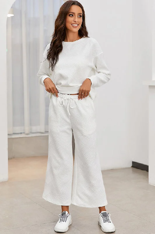 Textured Long Sleeve Top & Pants Set Soft Sweatpants Style