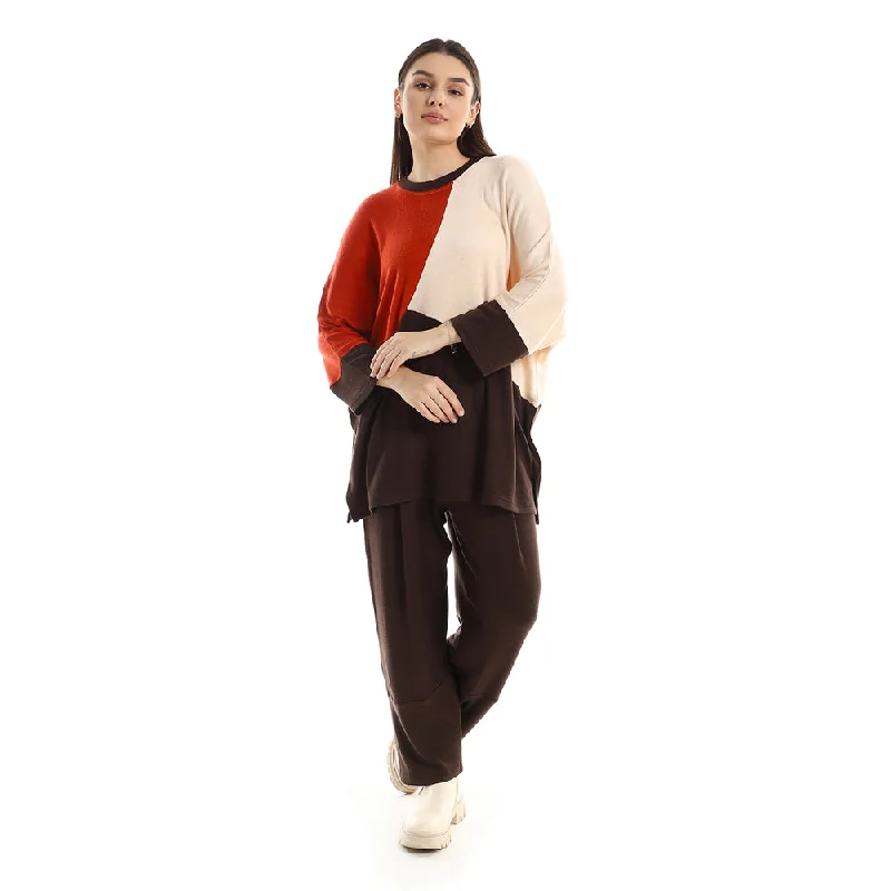 Tri-Tone Comfy Top With Plain Pants - Kady Comfortable Denim Trousers