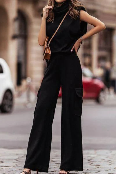 Turtleneck Sleeveless Top and Pocketed Pants Set Wide-Legged Palazzos