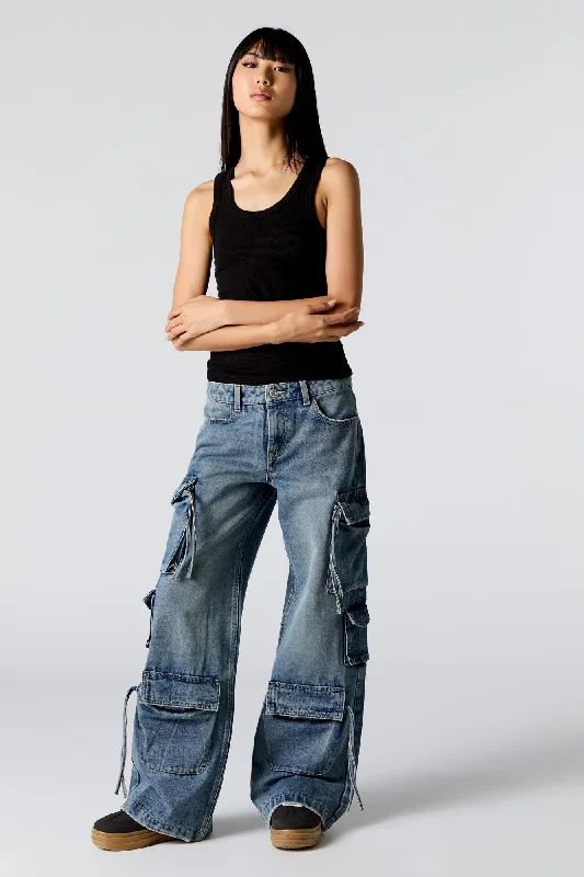 Multi Drawstring Wide Leg Cargo Jean Cozy Relaxed Fit Denim Jeans