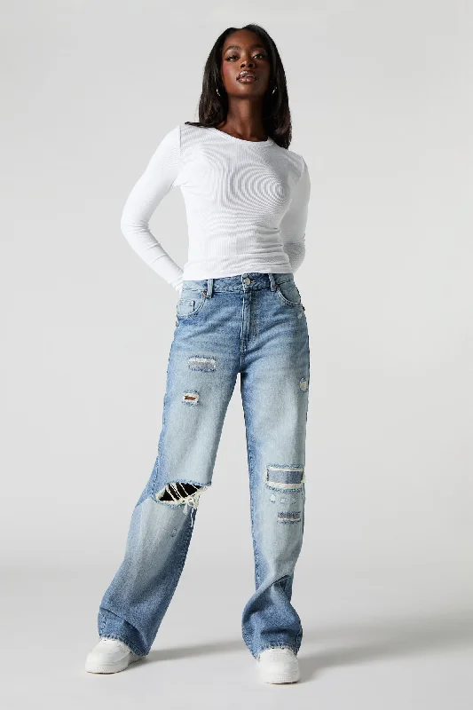 Distressed High Rise Wide Leg Jean Elegant Skinny Leg Jeans