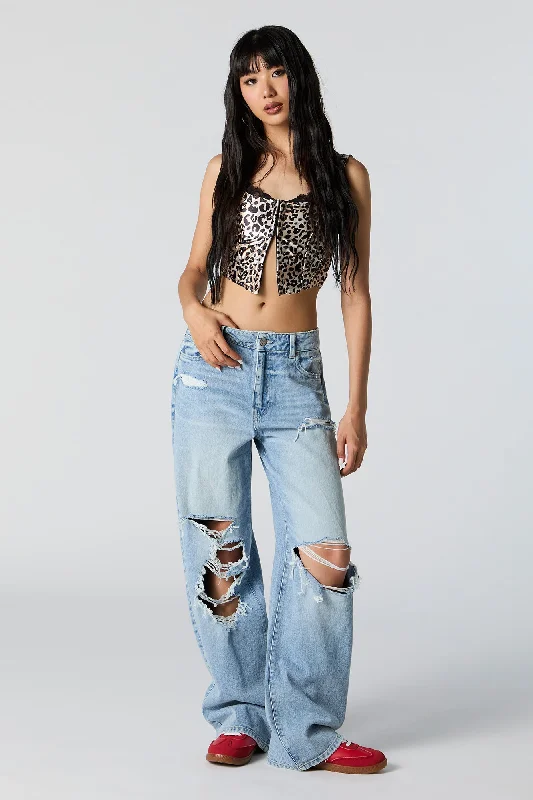 Ultra Distressed High Rise Wide Leg Jean Elegant Tapered Leg Denim