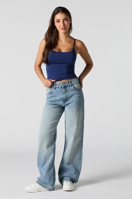 Medium Wash High Rise Wide Leg Jean Elegant Raw Hem Jeans