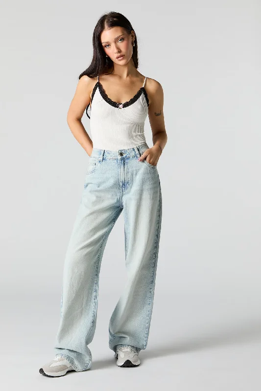 Light Wash High Rise Wide Leg Jean Chic Double Waistband Jeans