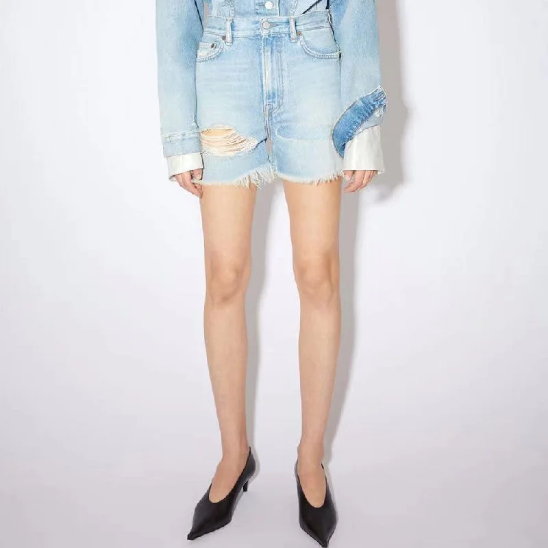 Chic High Rise Distressed Patch Frayed Hem Jean Shorts - Light Blue Casual Bootcut Ripped Jeans