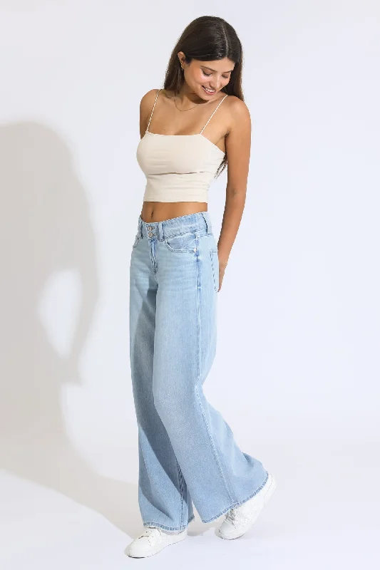 Double Button Wide Leg Jean - Medium Blue Black Trendy Patchwork Denim Jeans