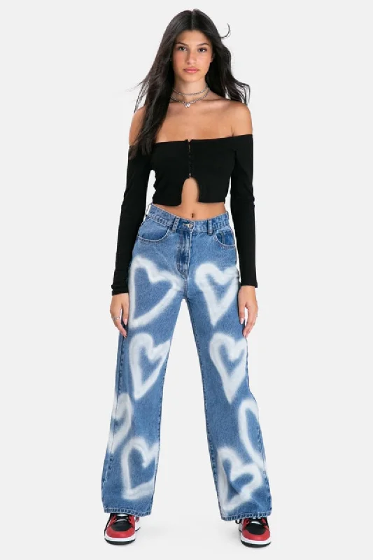 High Waisted Heart Print Blue Baggy Jean Trendy Button-Up High-Waist Jeans